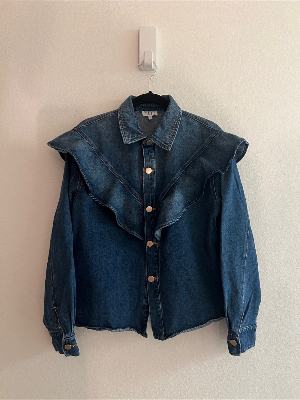 Avara TCEC  Denim Jean Ruffle Button-Up Top Size Large